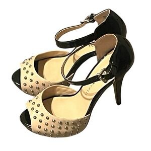 Rock Republic Platform Heels Womens 8.5 Black Beige Studded Peep Toe Excellent‎